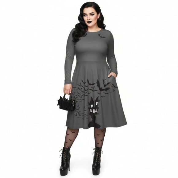 Plus Size Goth Bat Print Long Sleeve Pinup Dress with Pockets - Picture 5 of 17